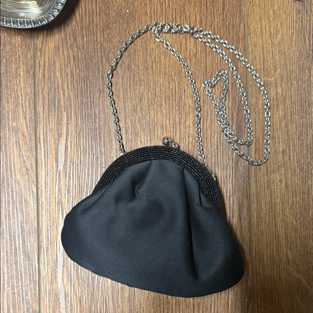 Black Beaded Evening Clutch with Silver Chain